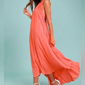 ASTR the Label Victoria Coral Pink Lace-Up Embroidered Midi Dress